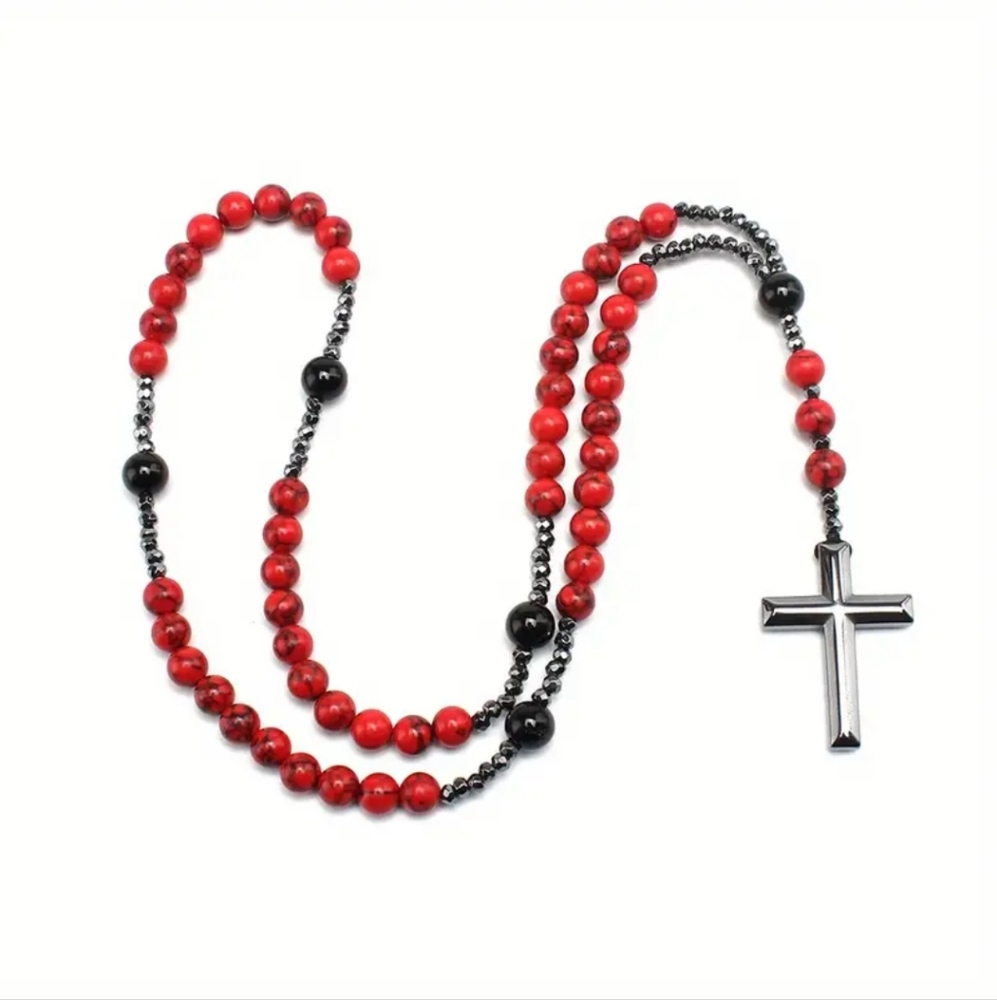 Red Turqoiuse, Hematite & BlackAgate Rosary Cross Pendant Necklace for Men/Women